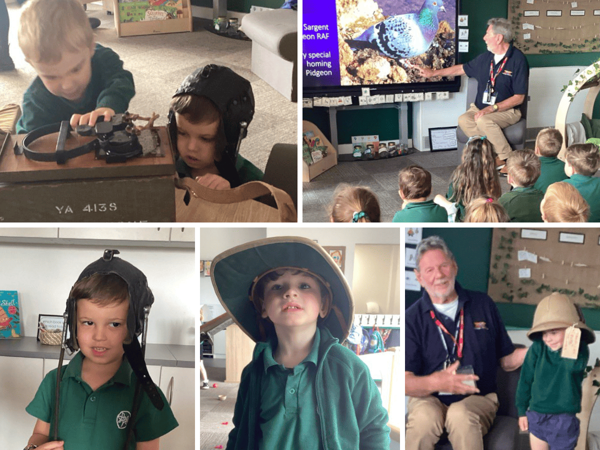 Woodford Primary School pupils from Pre-School try on aviation hats and listen to inspiring stories with Avro Heritage Museum