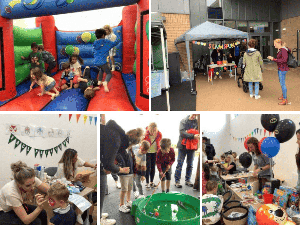 Families enjoy themselves with inflatables facepainting hook a duck and stalls at the first ever Woodford Primary School PTA Summer Fair