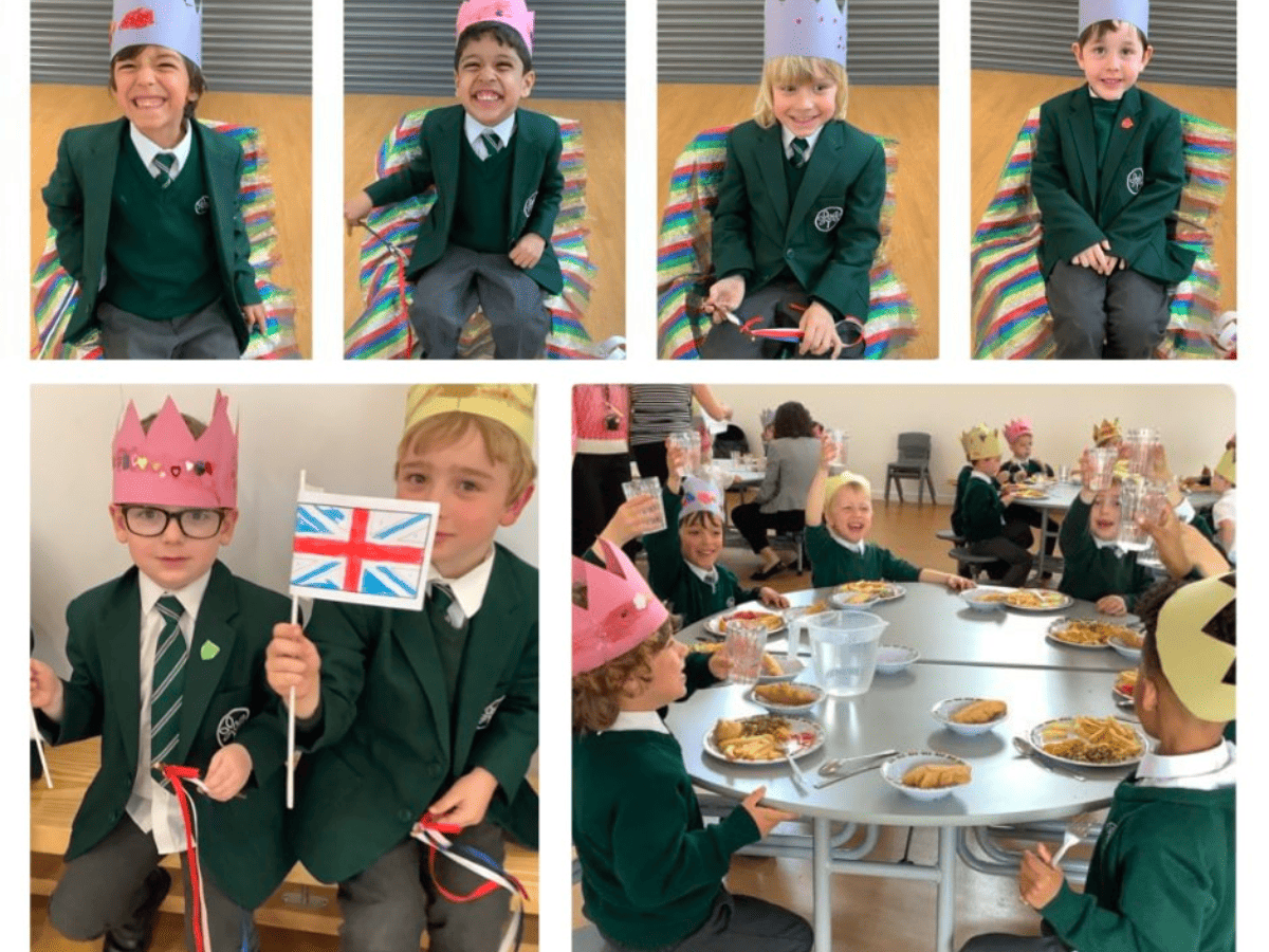 Woodford Primary School pupils celebrate the coronation of King Charles III. They sit around a table for a celebratory lunch and sit in thrones wearing homemade crowns and holding homemade flags.