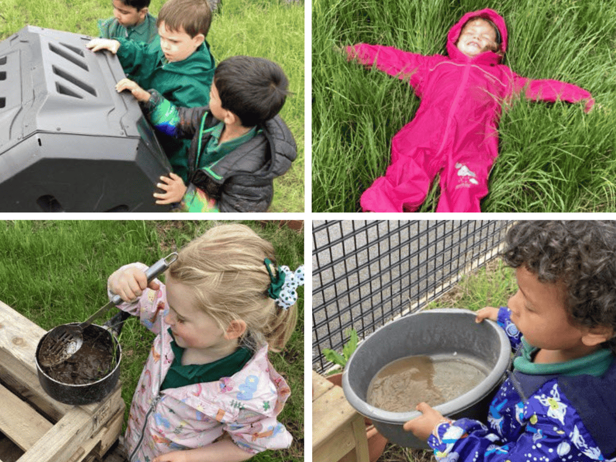 Woodford Primary School pupils from Pre-School enjoy learning in Forest School sessions, making mud pies and soups, and playing in the long grass.