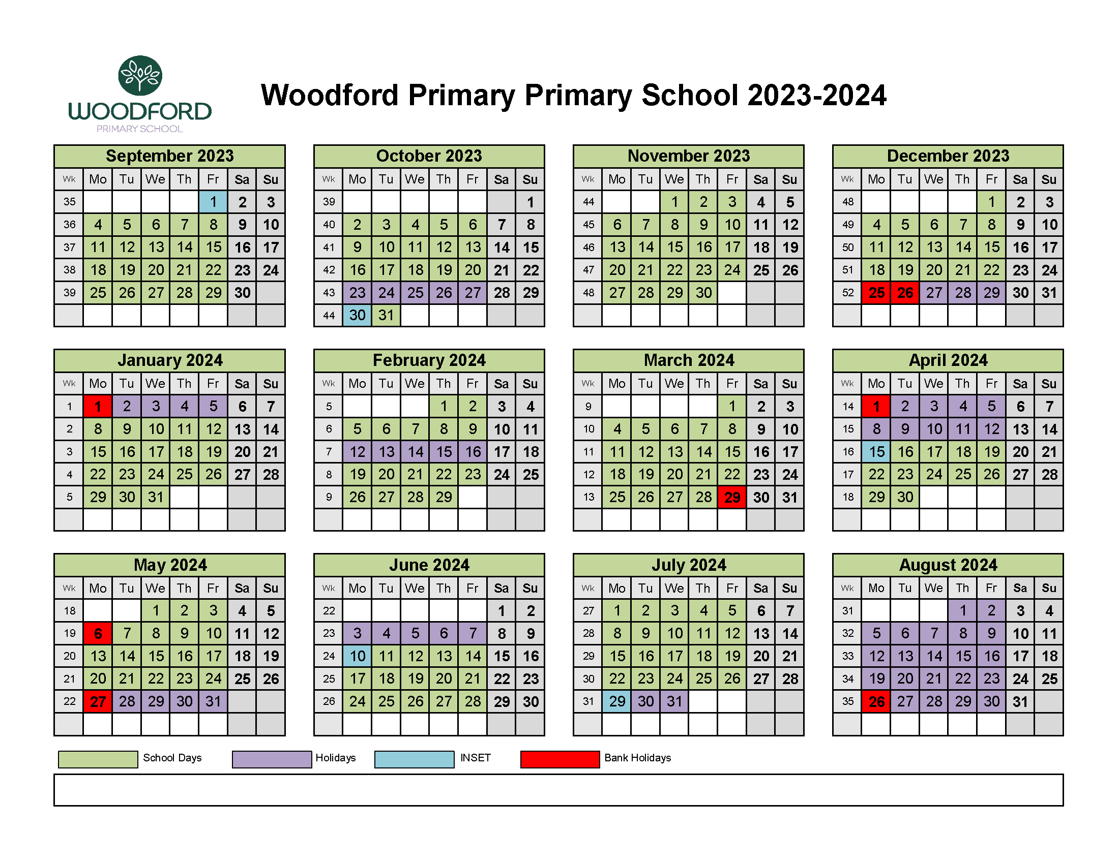 2023 - 2024 calendar view of the school term dates.