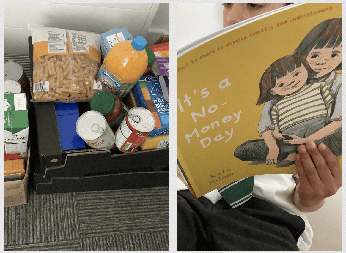 Child Reading 'No Money Day' and image of food that was donated.